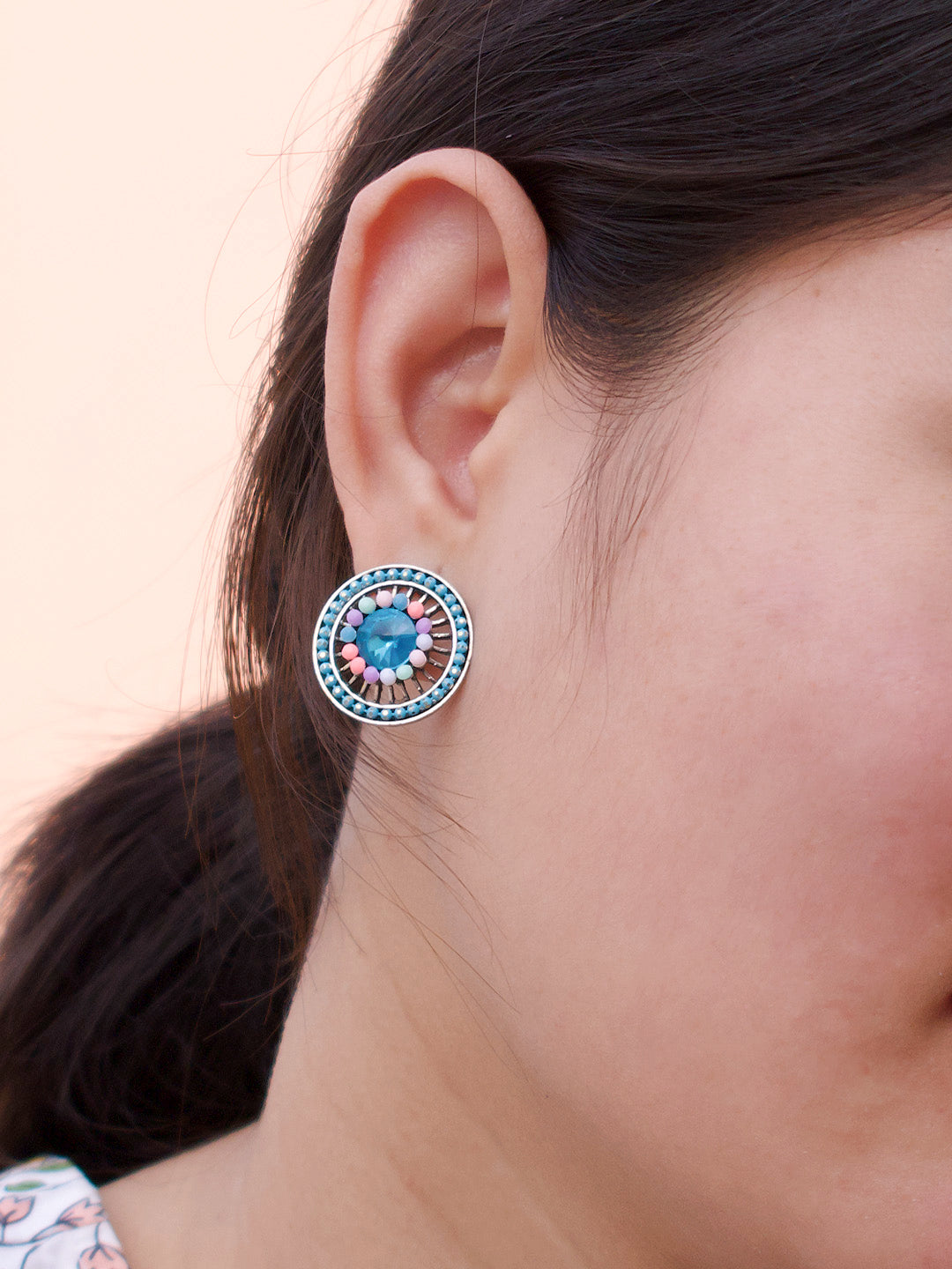Round Design  Blue Stud  With Stones Earring