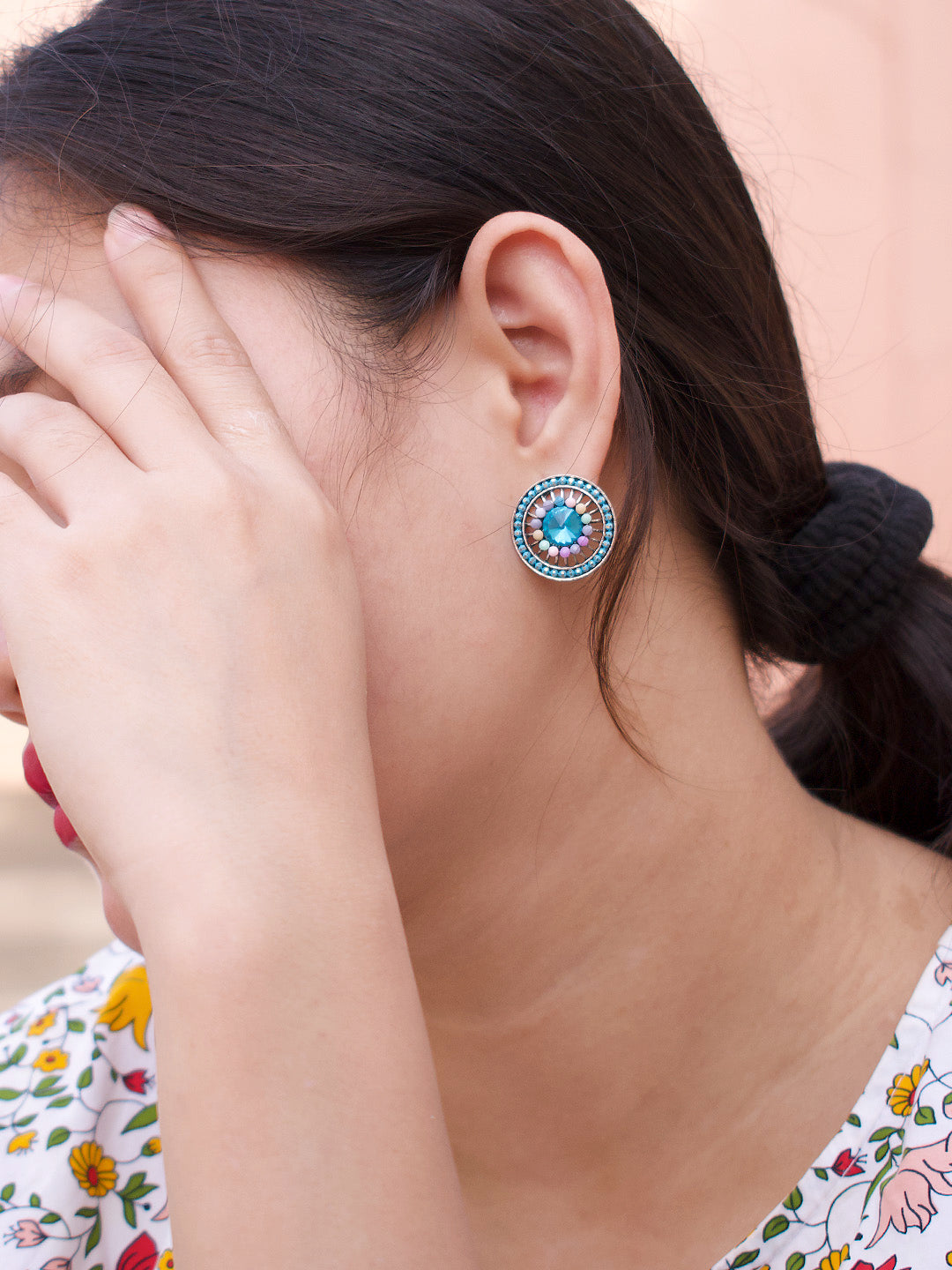 Round Design  Blue Stud  With Stones Earring