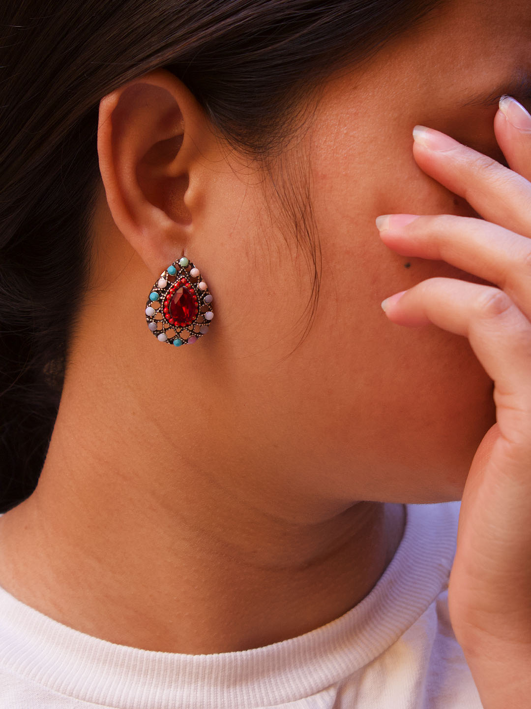 Tear Design  Red Stud  With Stones Earring