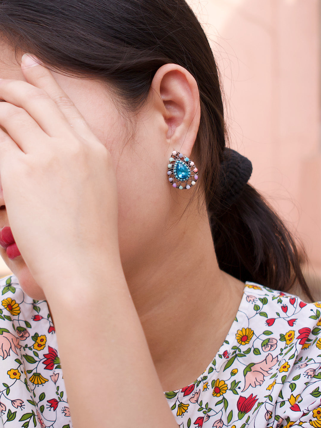 Tear Design  Blue Stud  With Stones Earring