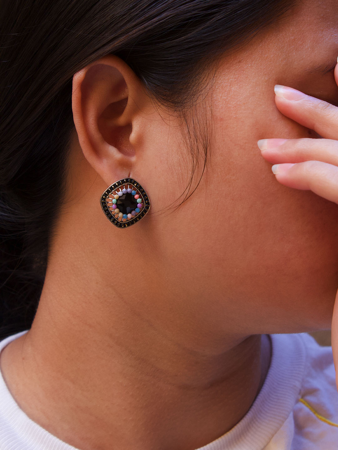 Square Design  Black Stud  With Stones Earring
