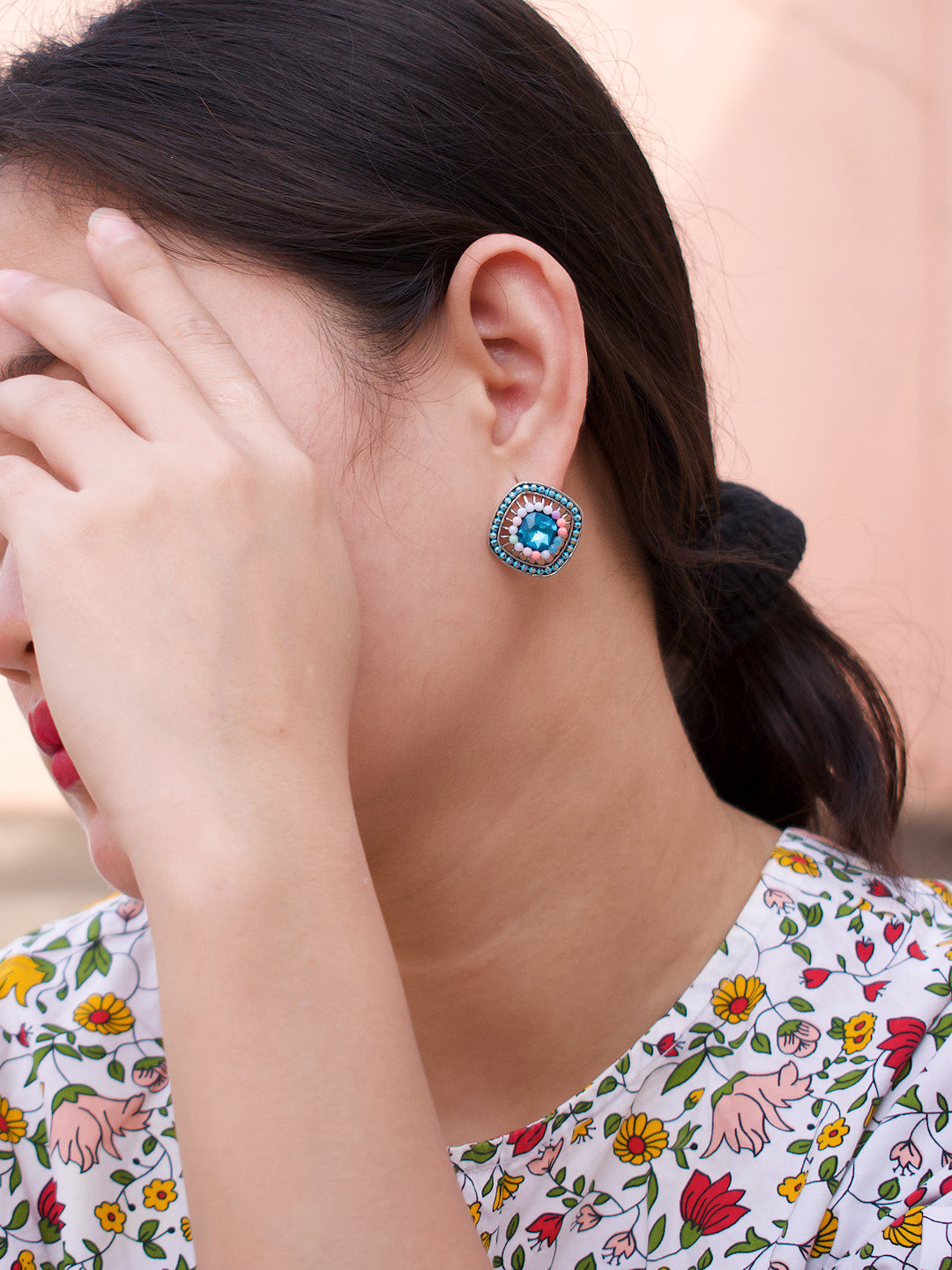 Square Design  Blue Stud  With Stones Earring
