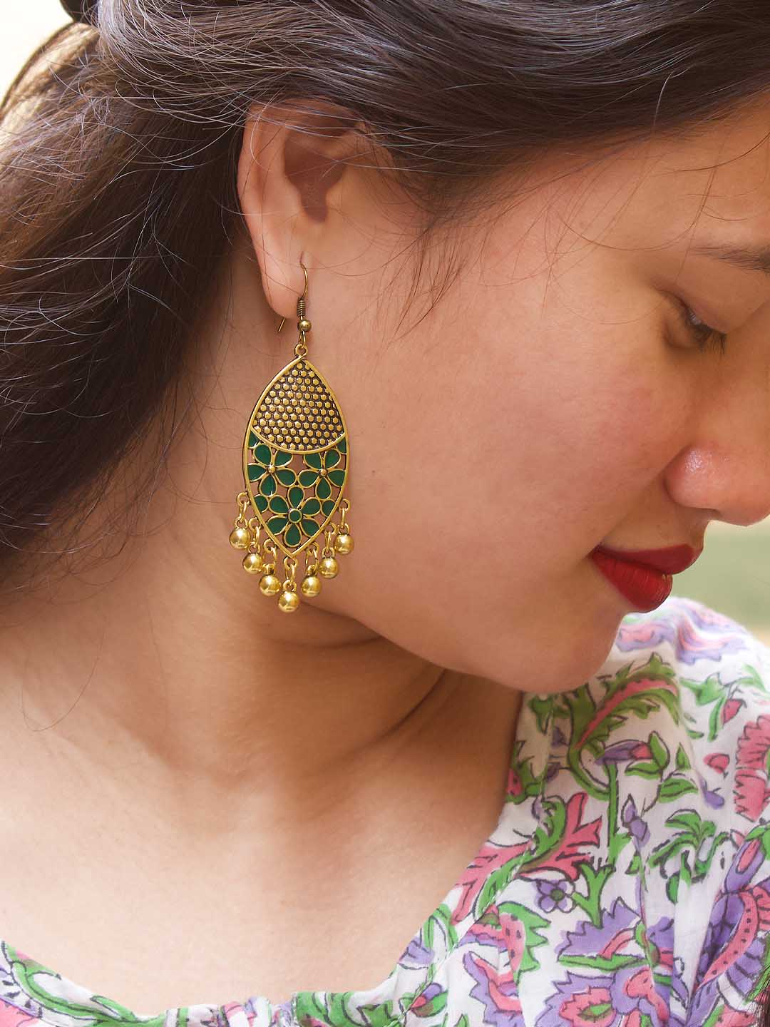 Gold Plated Leaf Design Green Color Earring