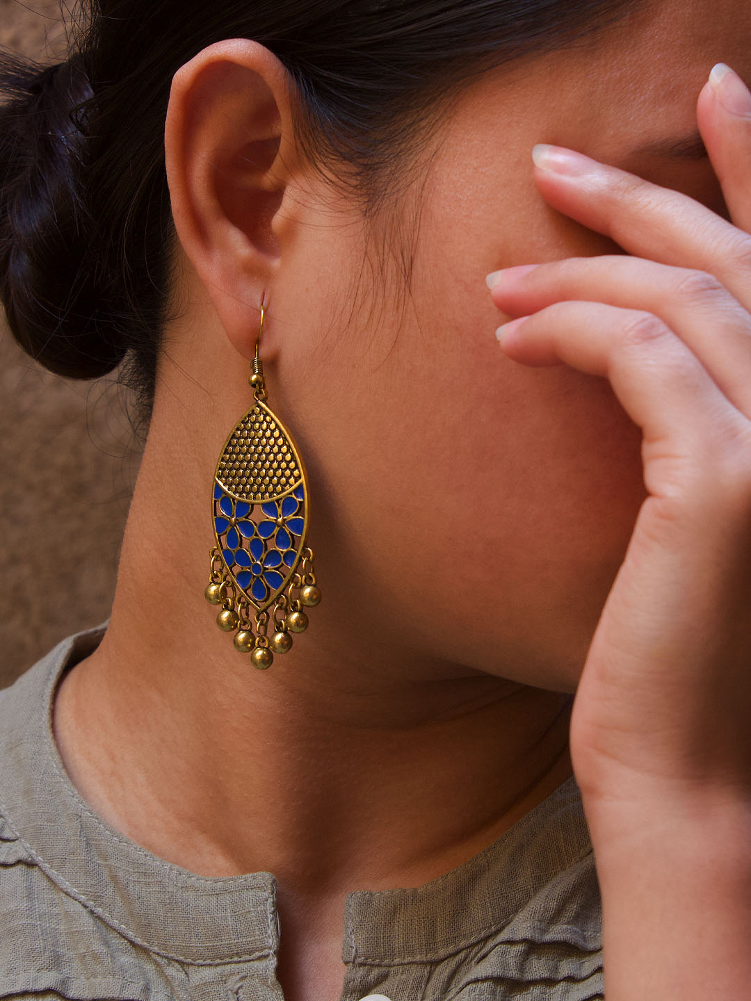 Gold Plated Leaf Design Blue Color Earring