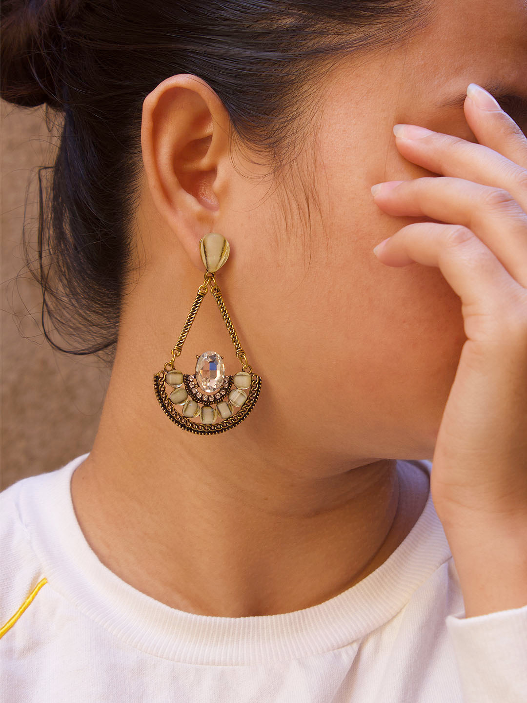 Gold Plated Filigree Design White Color Artificial Stone Dangler Earring