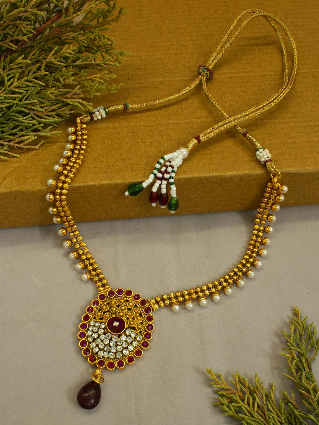 Avismaya Antique Gold Plated 2 Line Necklace With Round Shape Pendant Necklace Set