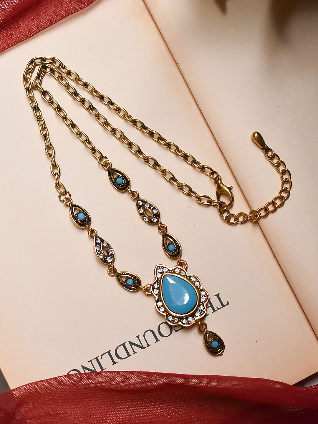 Silver Plated Teardrop Design Blue Color Stones Medium Necklace