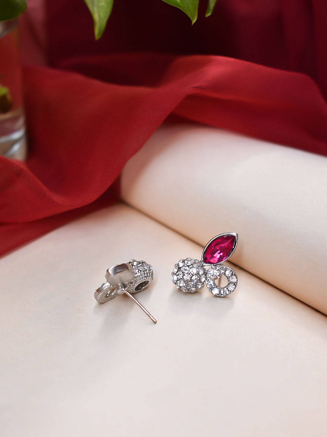 Silver Plated Tear Drop Design Pink And White Color Stones Stud Earring