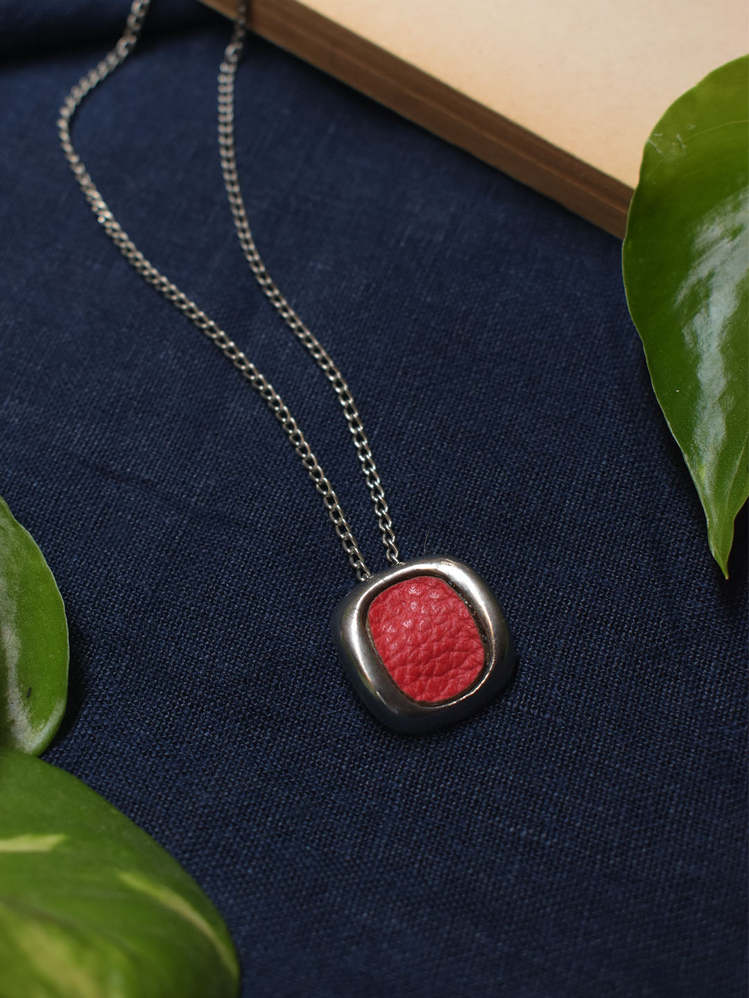 Silver Plated Square Design Red Color Pendant Long Chain