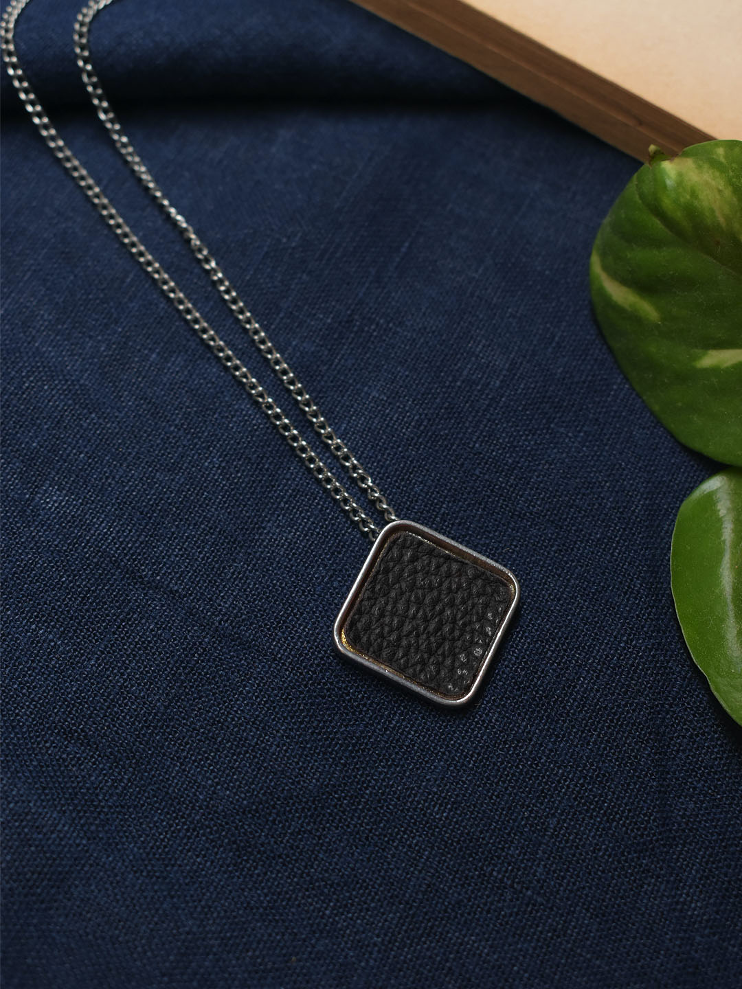 Silver Plated Rhombus Design Black Color Pendant Long Chain