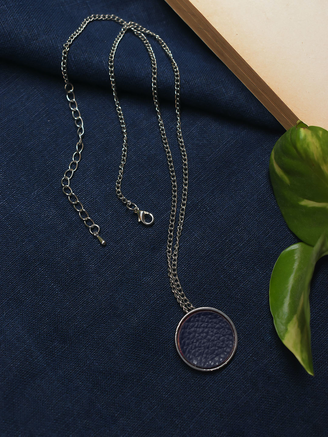 Silver Plated Circular Design Black Color Pendant Long Chain