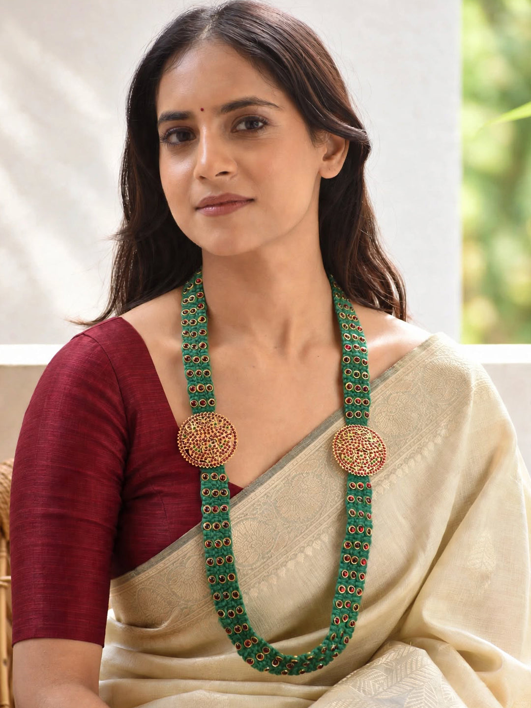 Moss Green Neckpiece With Red Stones