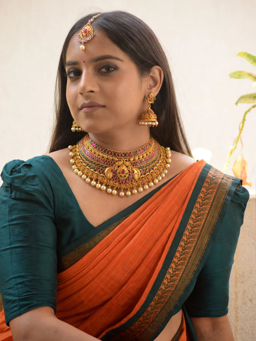 Premium Wedding Designer Wear Premium Gold Plated Lakshmi Design Statement Choker Necklace Set With Maang Tikka