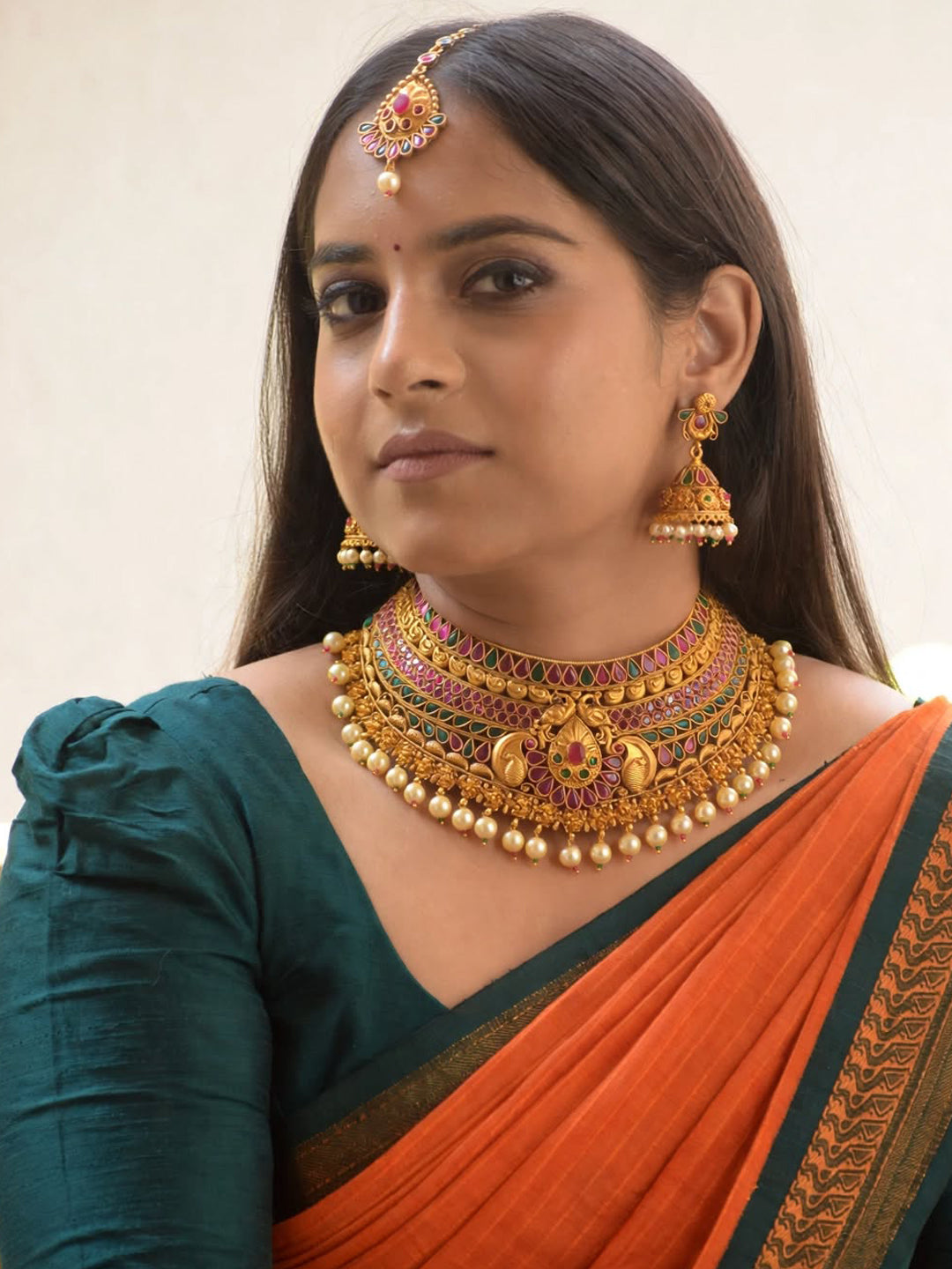 Premium Wedding Designer Wear Premium Gold Plated Lakshmi Design Statement Choker Necklace Set With Maang Tikka