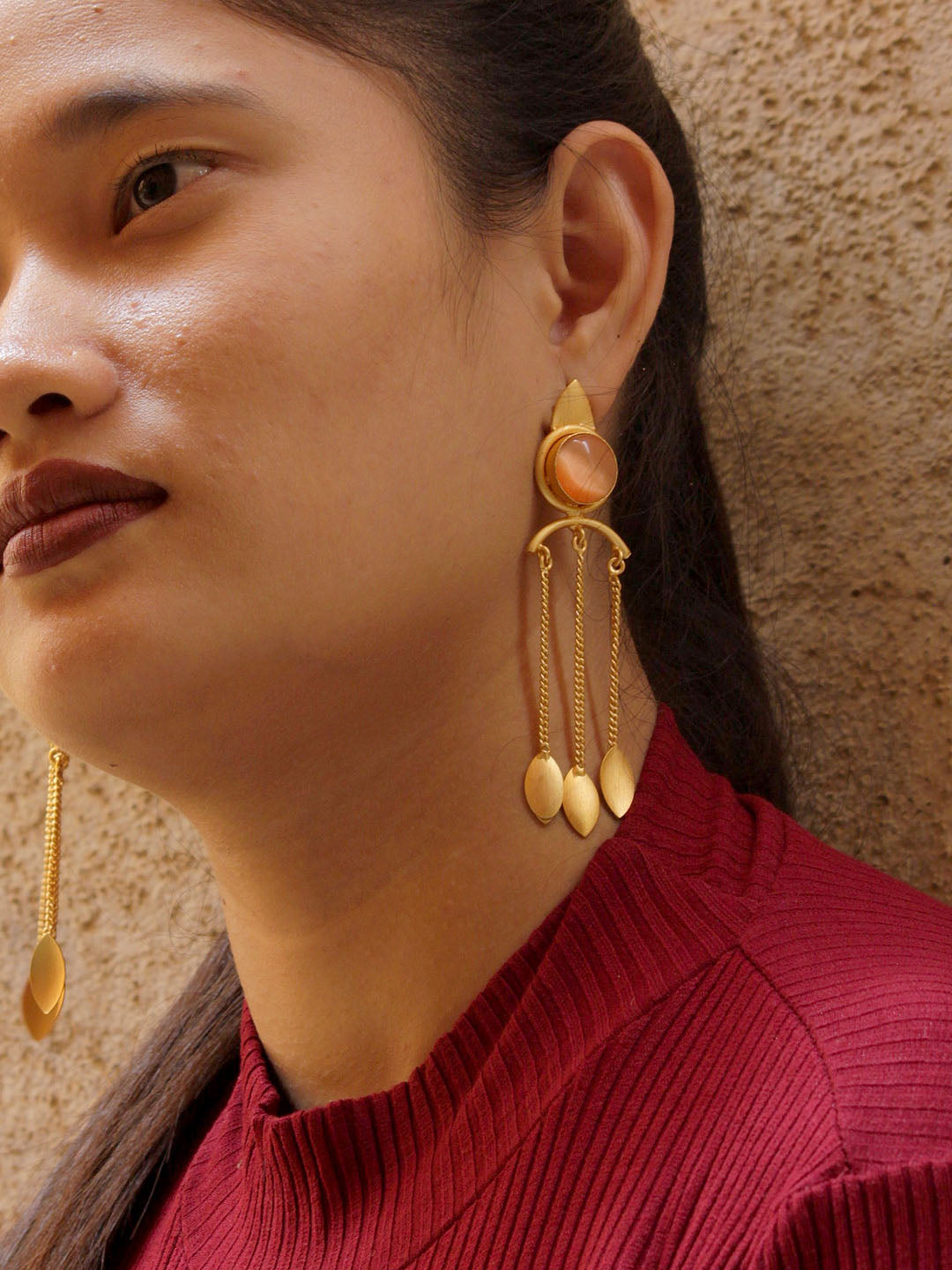 Avismaya Gold Plated Semi-precious Solar Monalisa Stone Designer Earrings