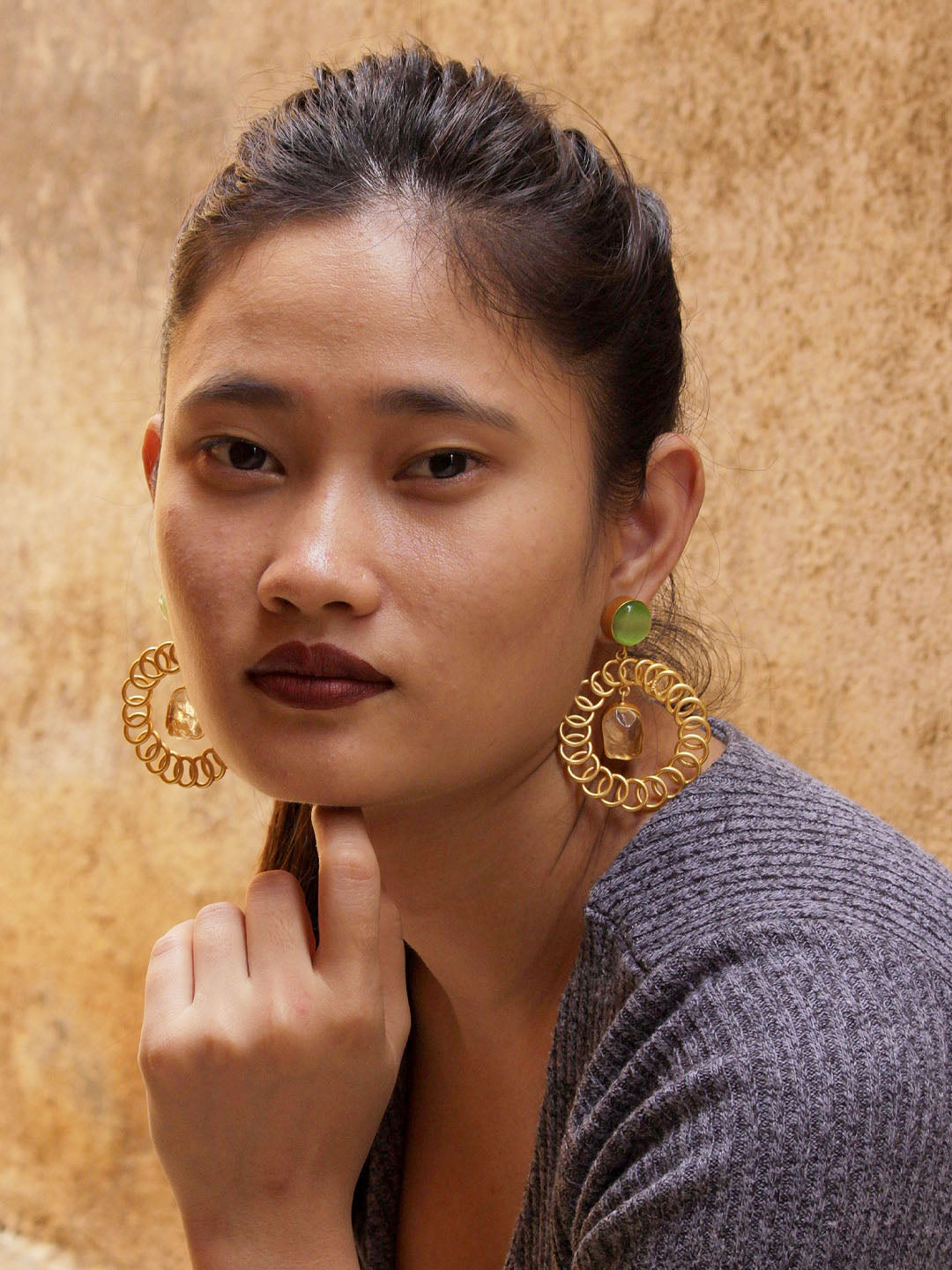 Avismaya Gold Plated Semi-precious Monalisa Stone Designer Earrings