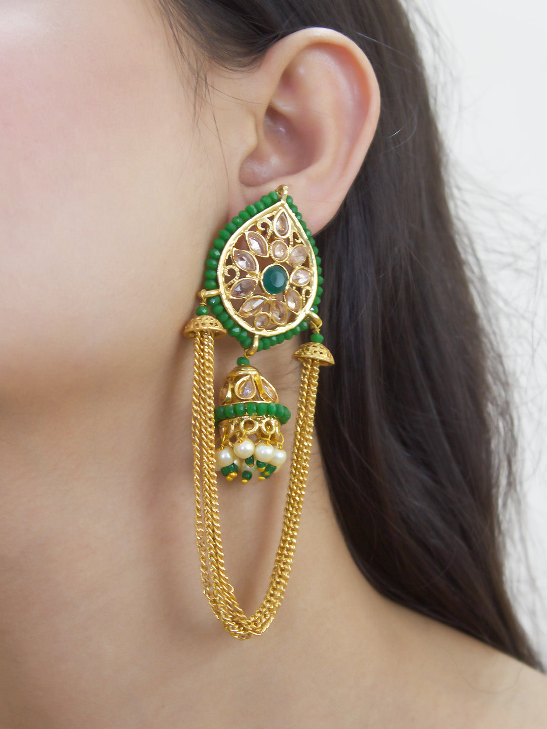 Avismaya Gold Plated Flower Petal Design Green Color Beads with Hanging Multi Layered Chains Jhumka Earrings