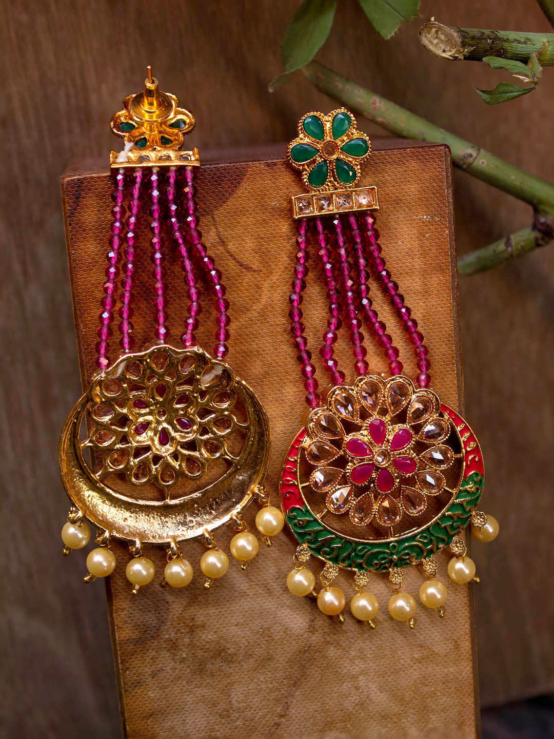 Avismaya Gold Plated Five Layered Floral Design Enamel Painted Purple Color Beads With Hanging Pearls Dangler Earring
