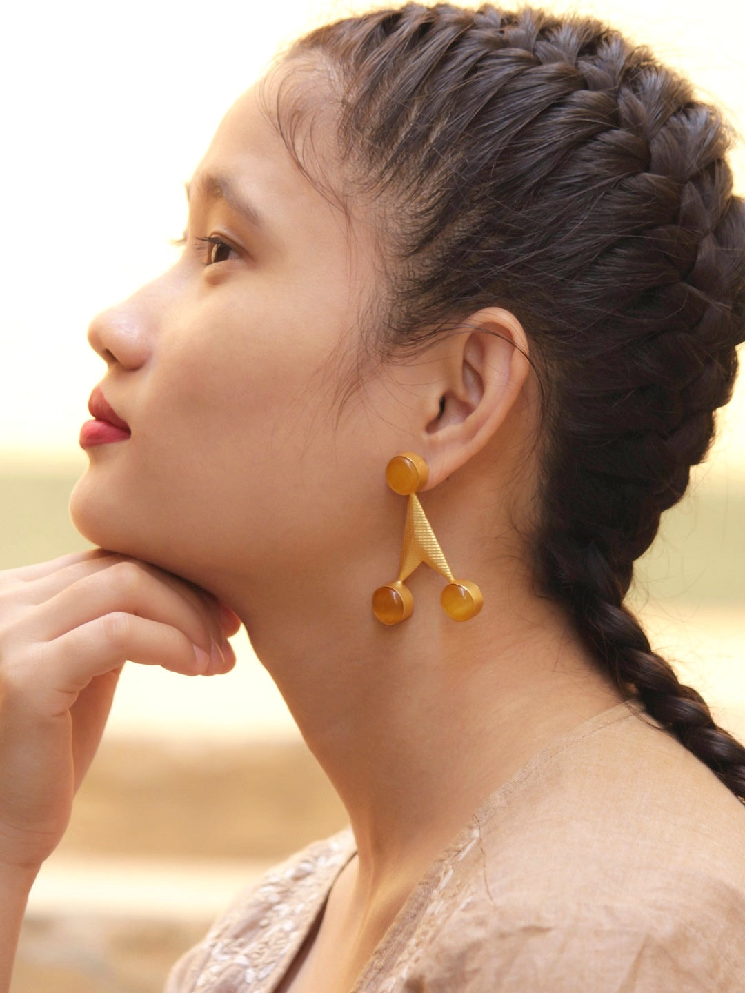 Avismaya Gold Plated Triangle Design Orange Color Moonstone Dangler Earring