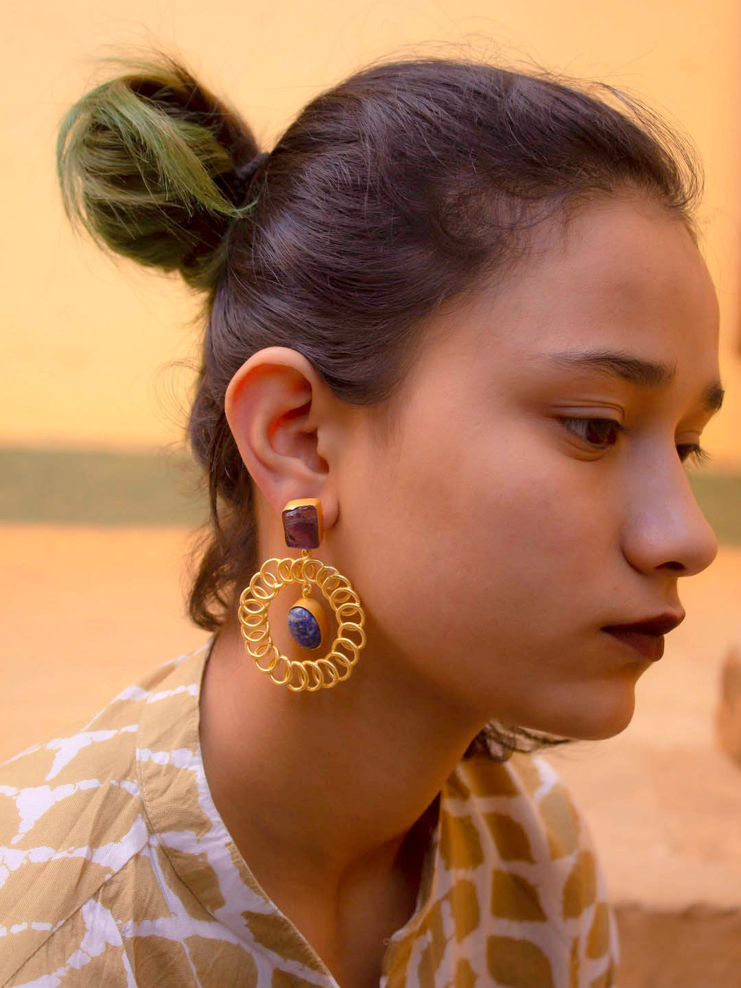Avismaya Semi Precious Gold Plated Circle Design Blue Color Druzy Stone Dangler Earring