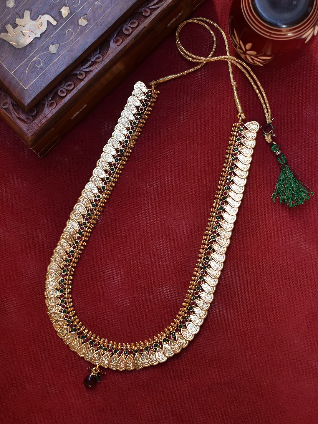 Lakshmi Set - Long Kasu Coins Necklace Set for Marriage Gold finish