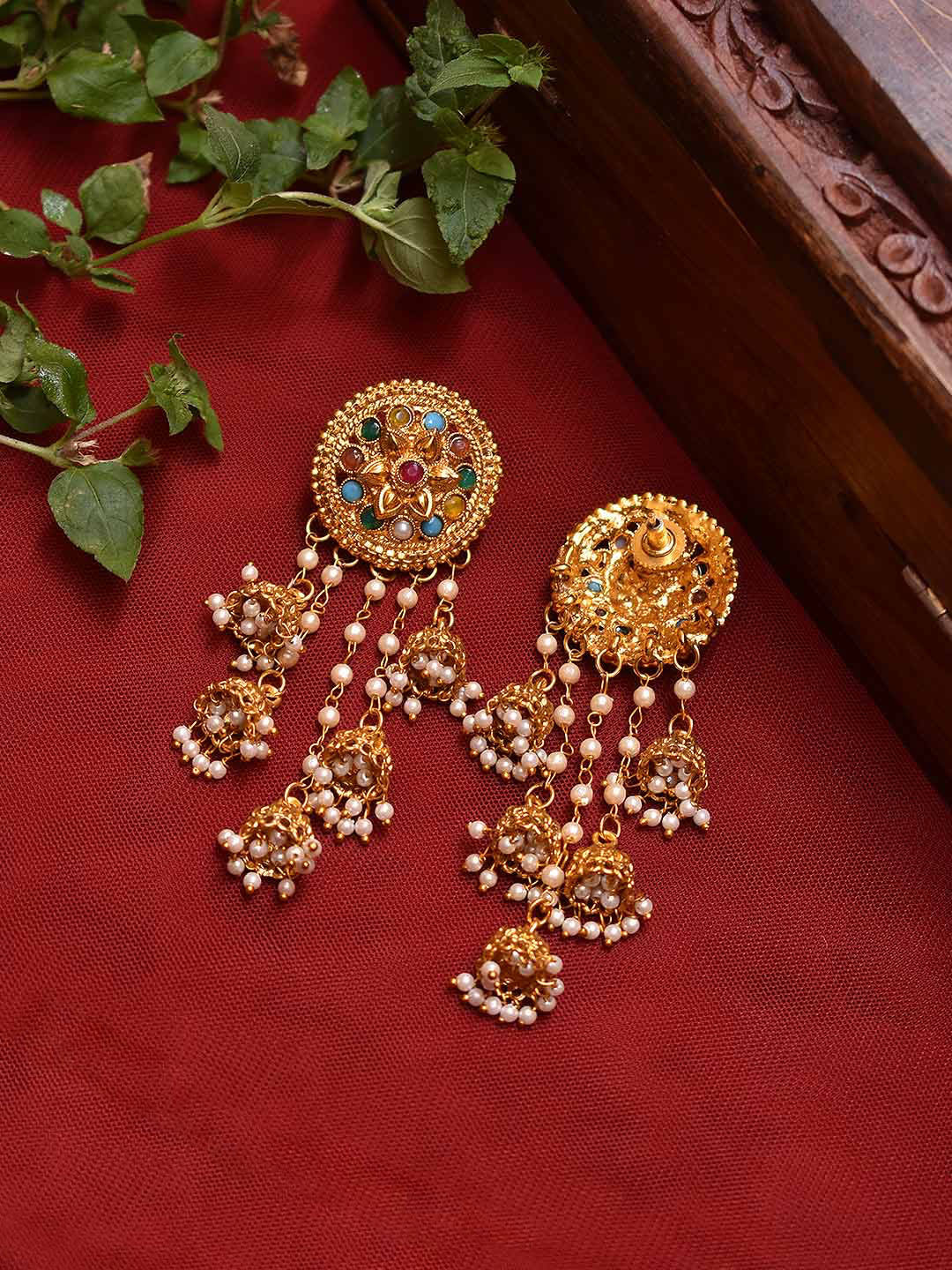 Gold Plated Circular Shape Floral Design With Hanging Pearl Chains Dangler Earring
