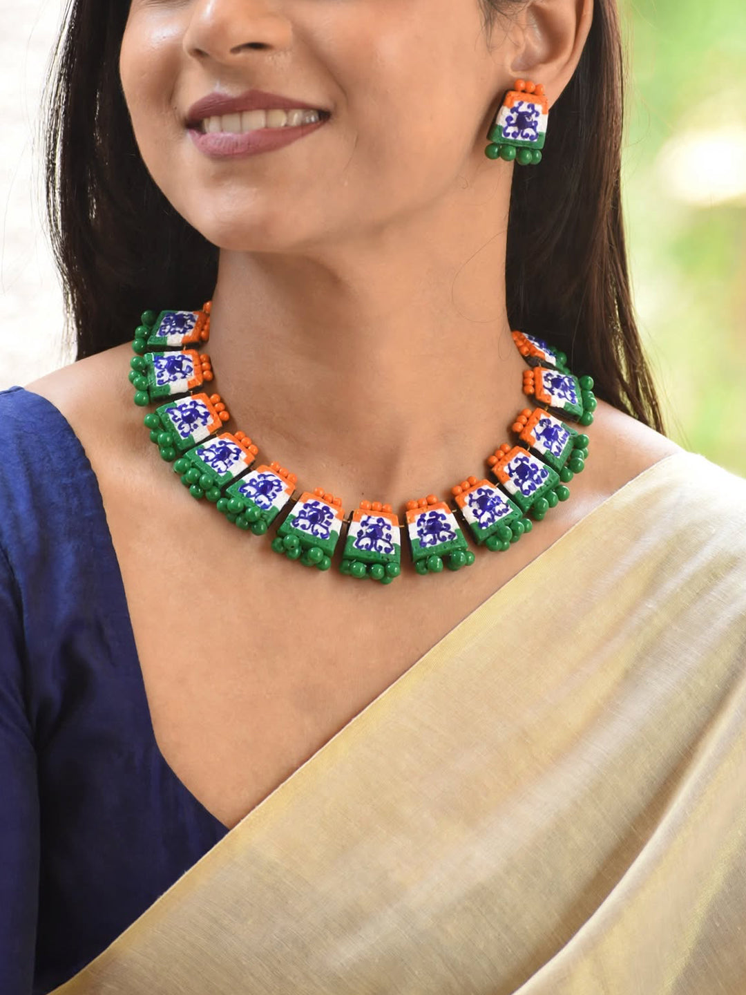 Mandala Design Hand Painted Finish Terracotta Jewellery Set in India celebration colors Independence Day Special