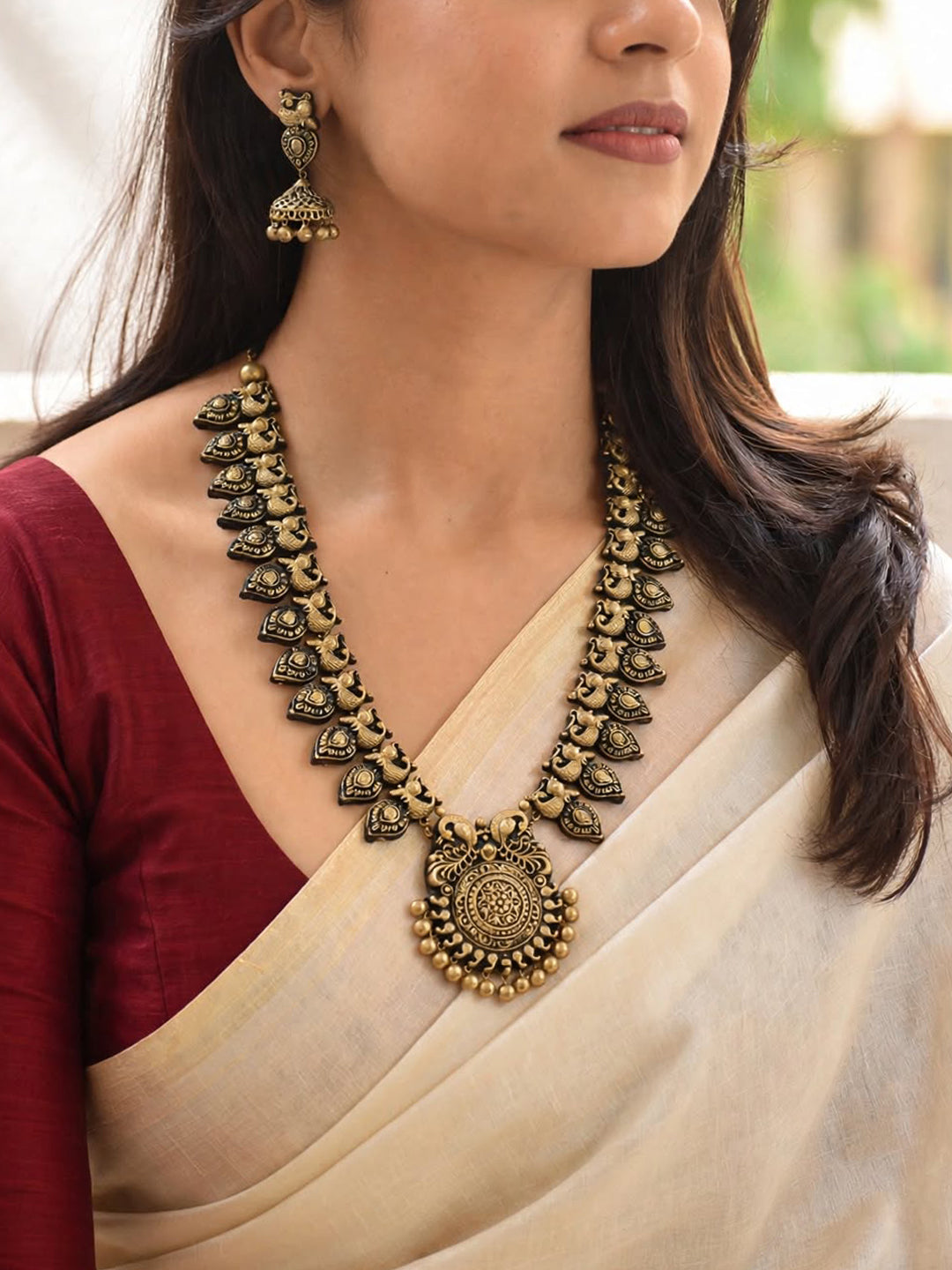 Peacock Mango Design Antique Gold Temple Haram Style Handmade Terracotta Necklace Set