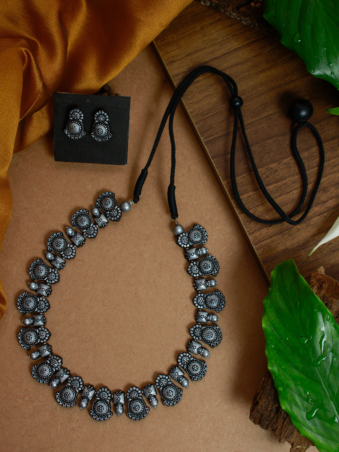 Contemporary Fusion Mandala Art Work Design  Antique Silver Handmade Terracotta Necklace Set