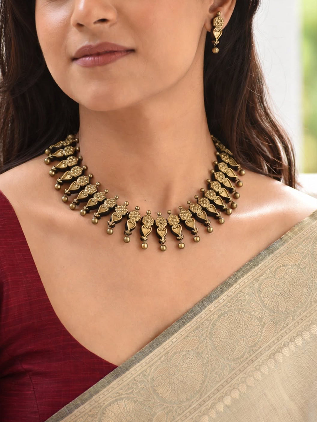 Antique Gold Flower Leaf Fringe Design Handmade Terracotta Necklace Set