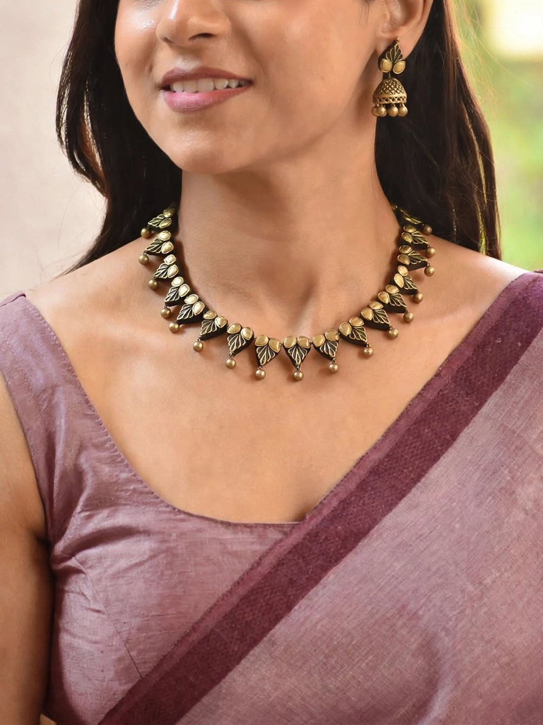 Antique Gold Contemporary Fusion Leaf Art Design Handmade Terracotta Necklace Set