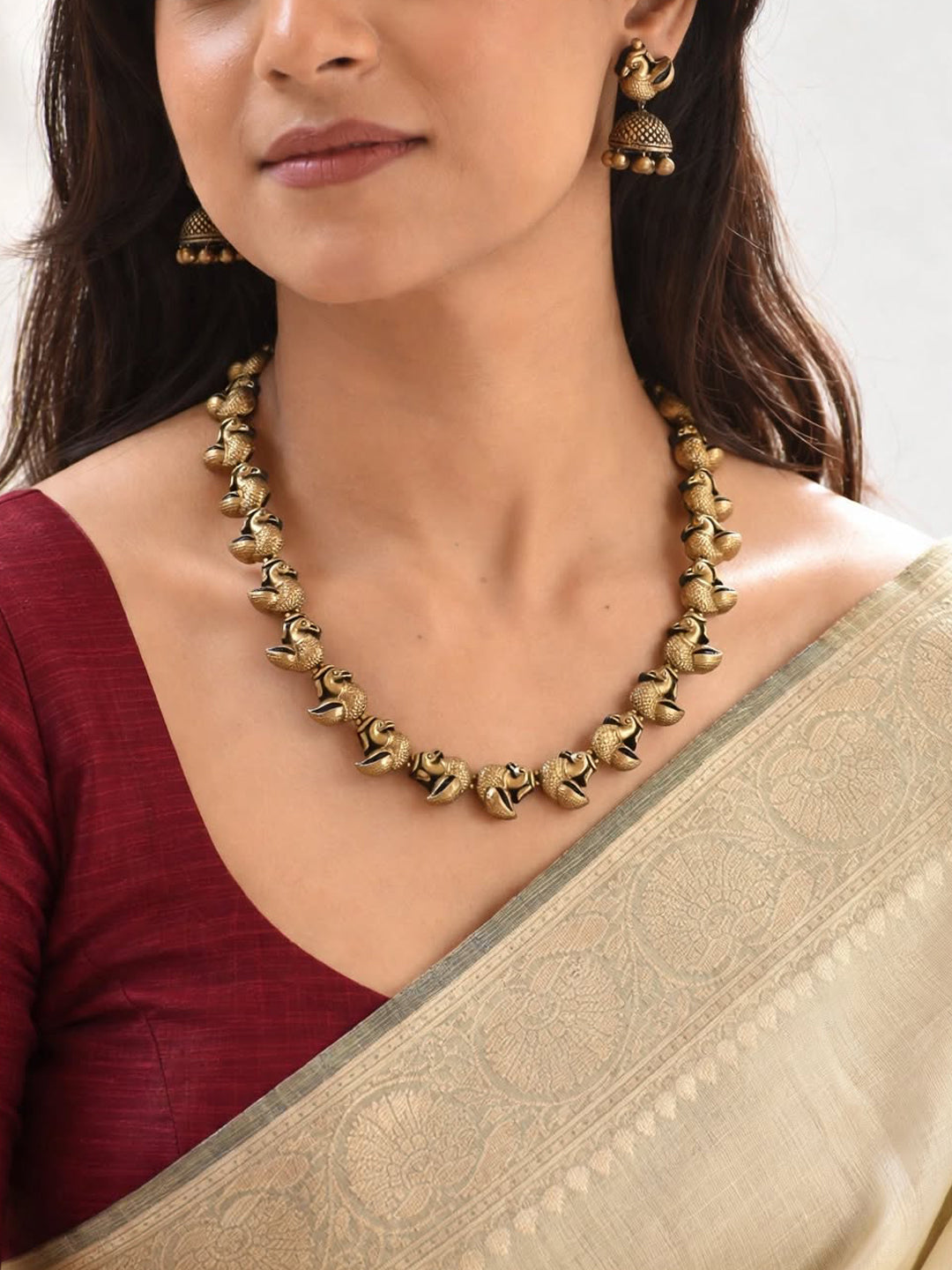 Antique Gold Peacock Design Handmade Terracotta Necklace Set