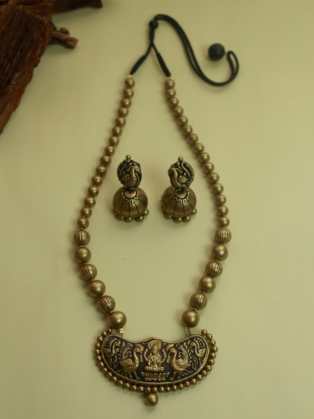 Antique Gold Lakshmi Design Pendant  Mala Handmade Terracotta Necklace Set
