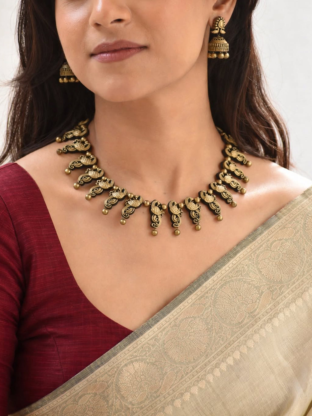 Antique Gold Peacock Design Fringe Pattern Handmade Terracotta Necklace Set