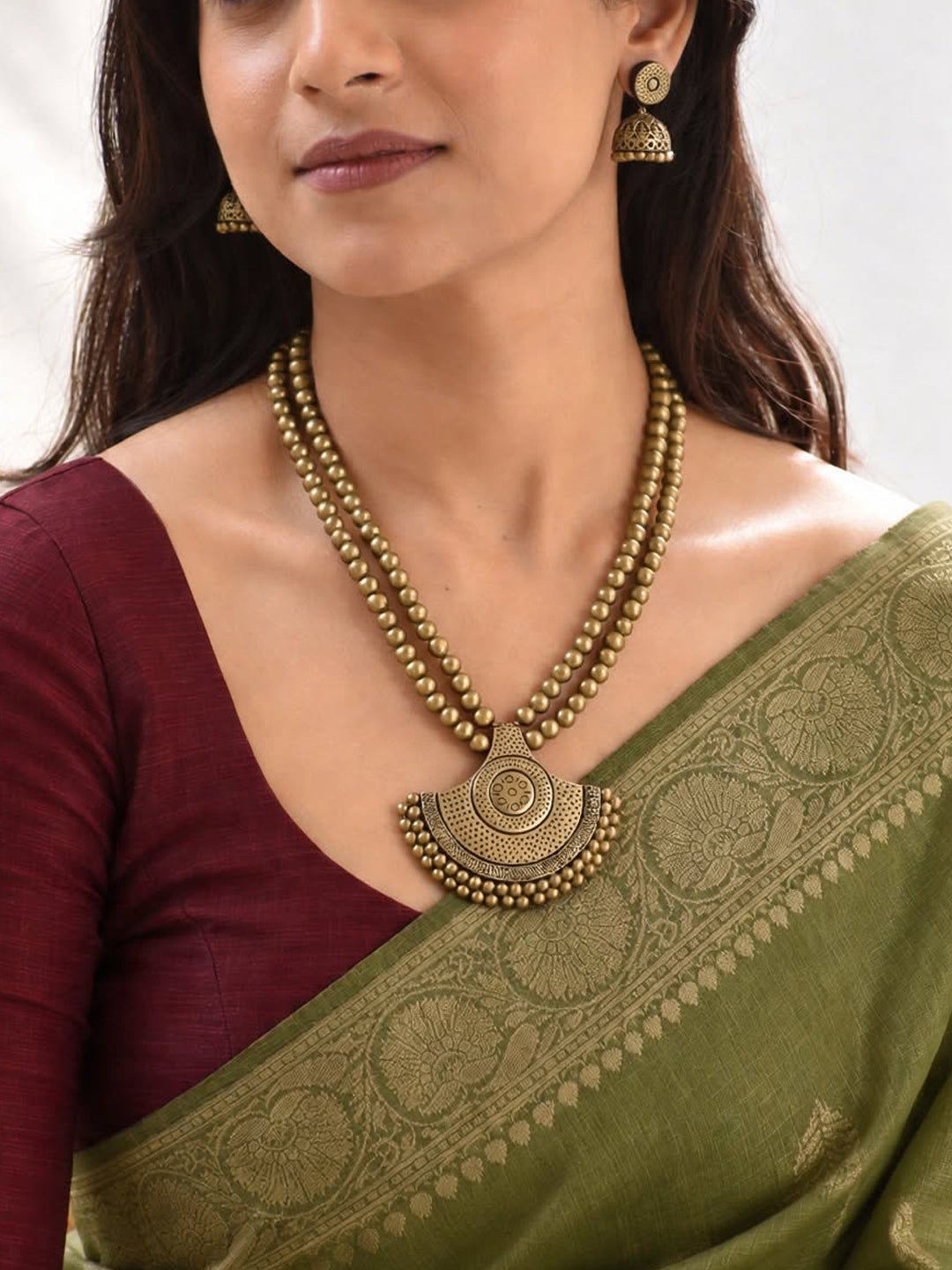 Half Moon Engraved Pendant Two Layered Mala Handmade Terracotta Necklace Set