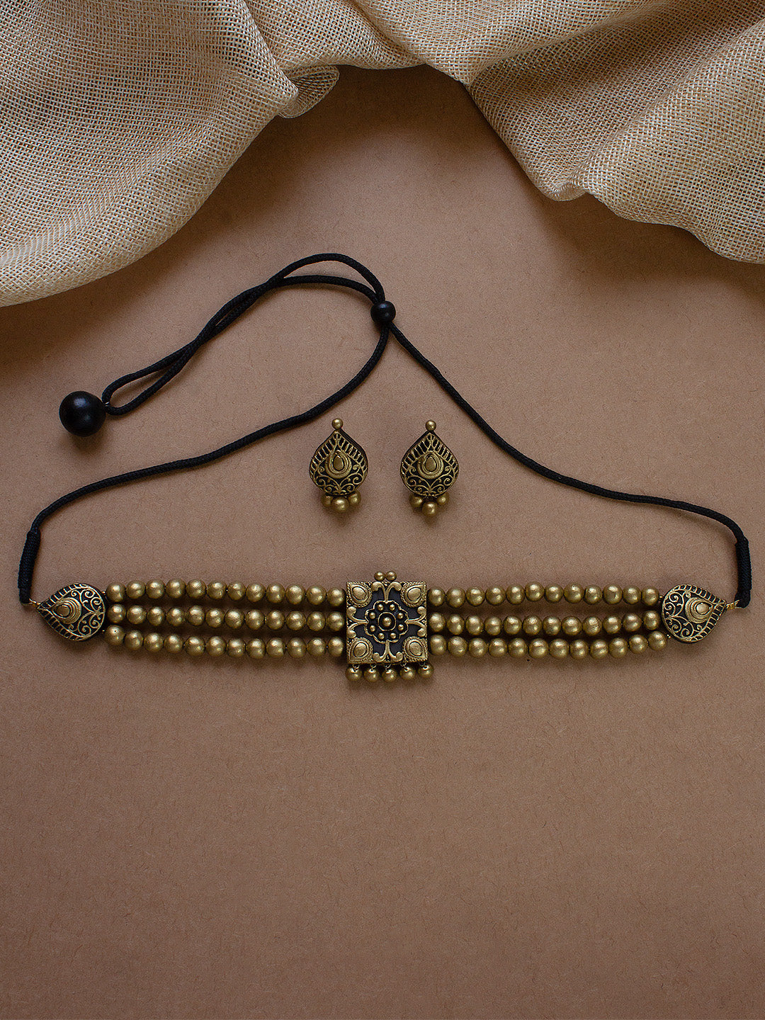 Square Pendant Three Line Victorian Choker Handmade Terracotta Necklace Set