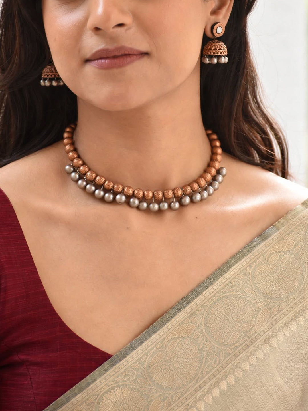 Antique Silver Rose Gold Dual Tone Handmade Terracotta Necklace Set