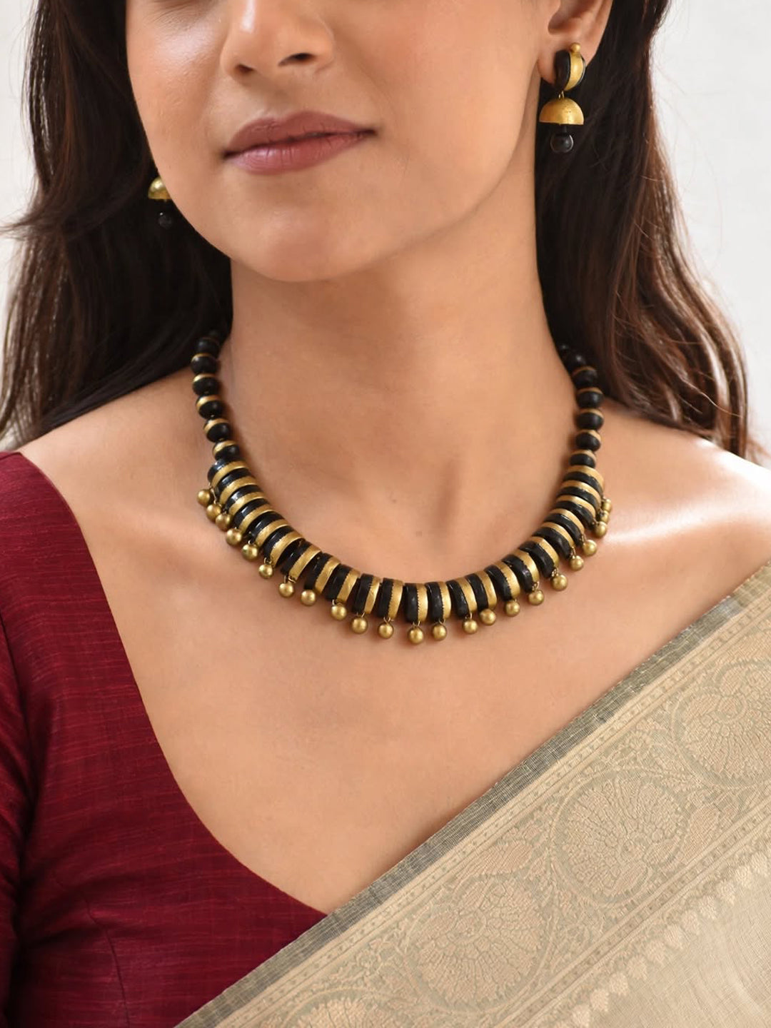 Antique Gold Black Fringe Design Handmade Terracotta Necklace Set