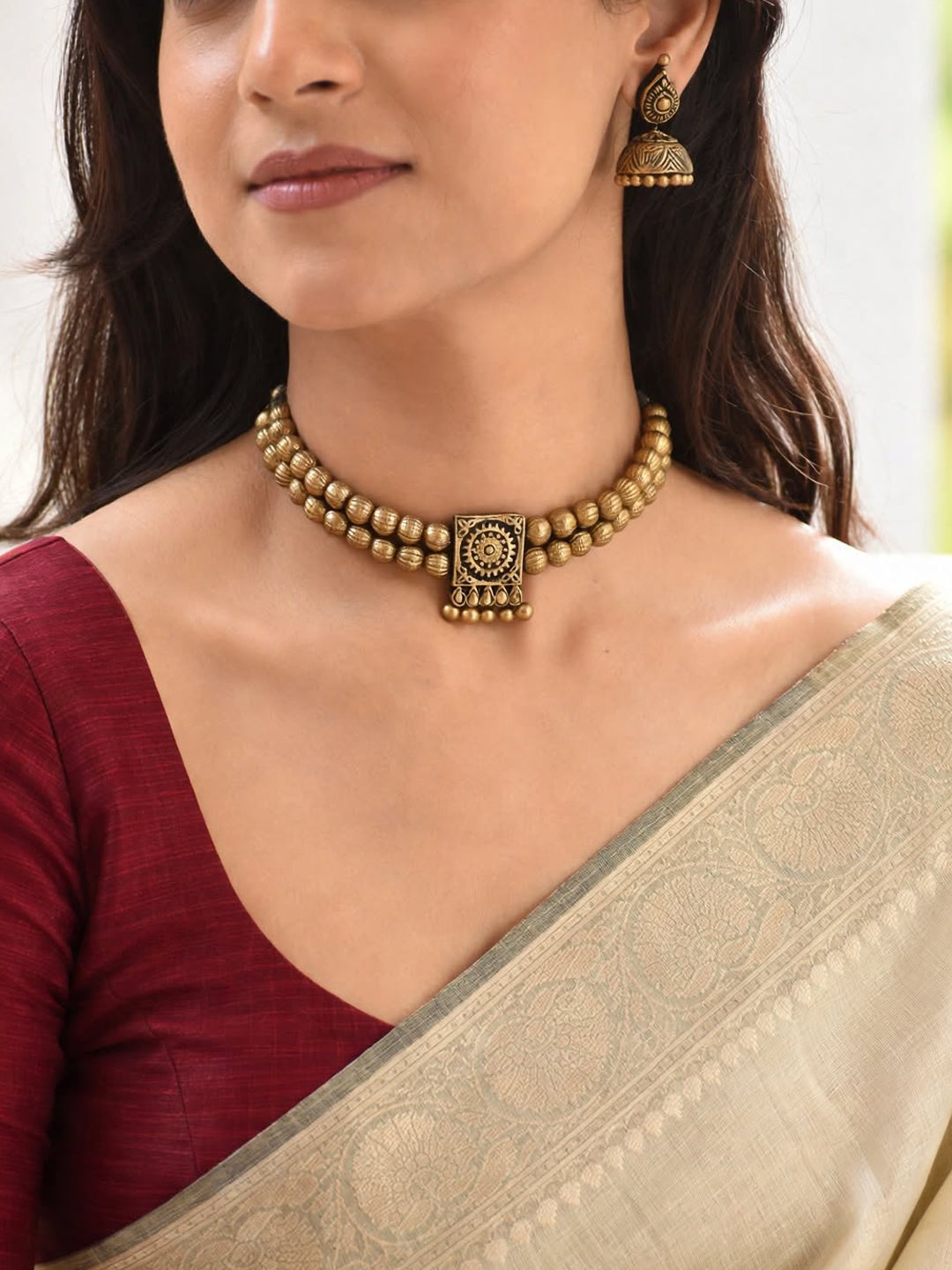 Antique Gold Two Layered Victorian Choker Terracotta Necklace Set
