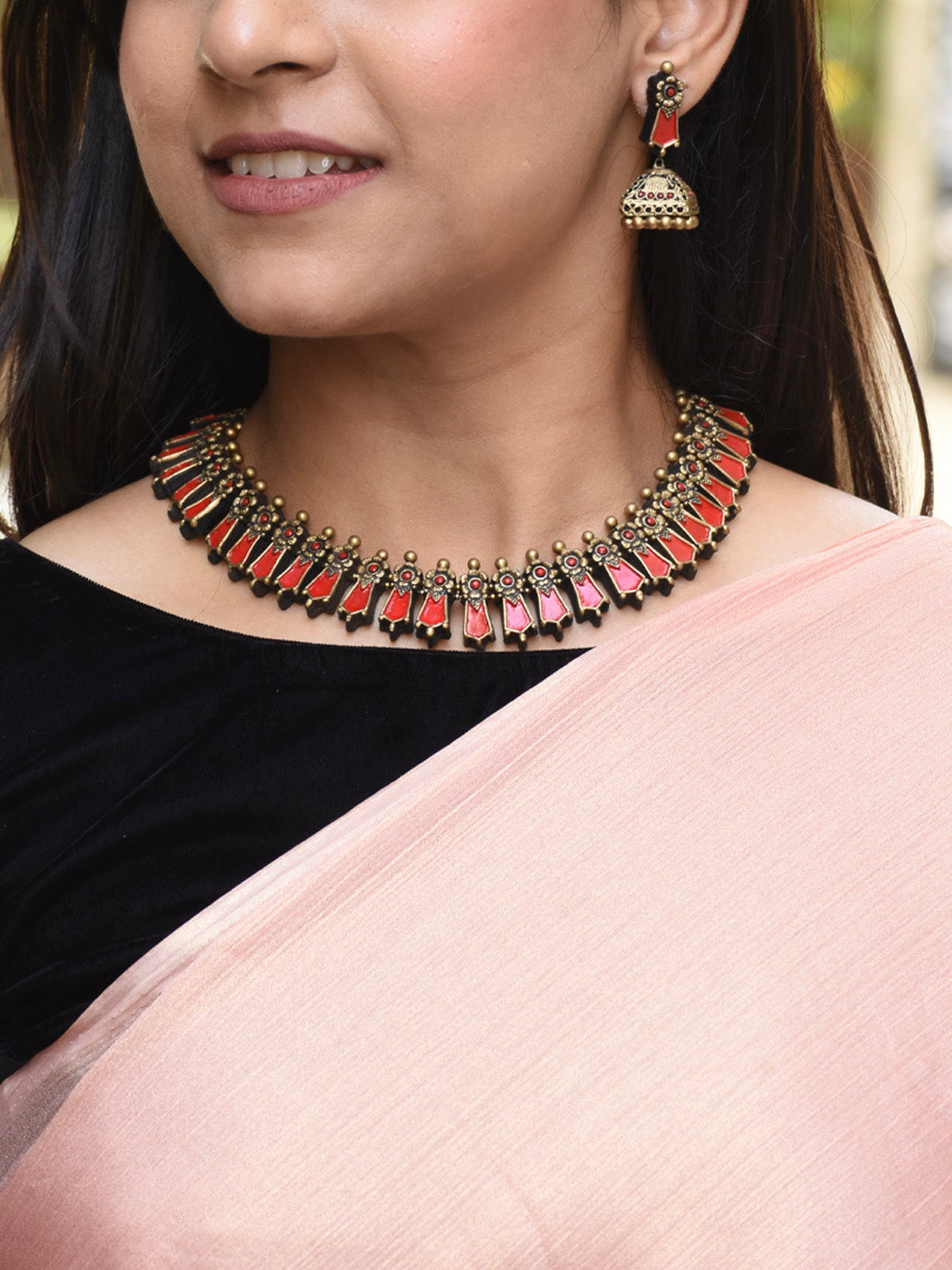 Antique Gold Red Fringe Design Handmade Terracotta Necklace Set