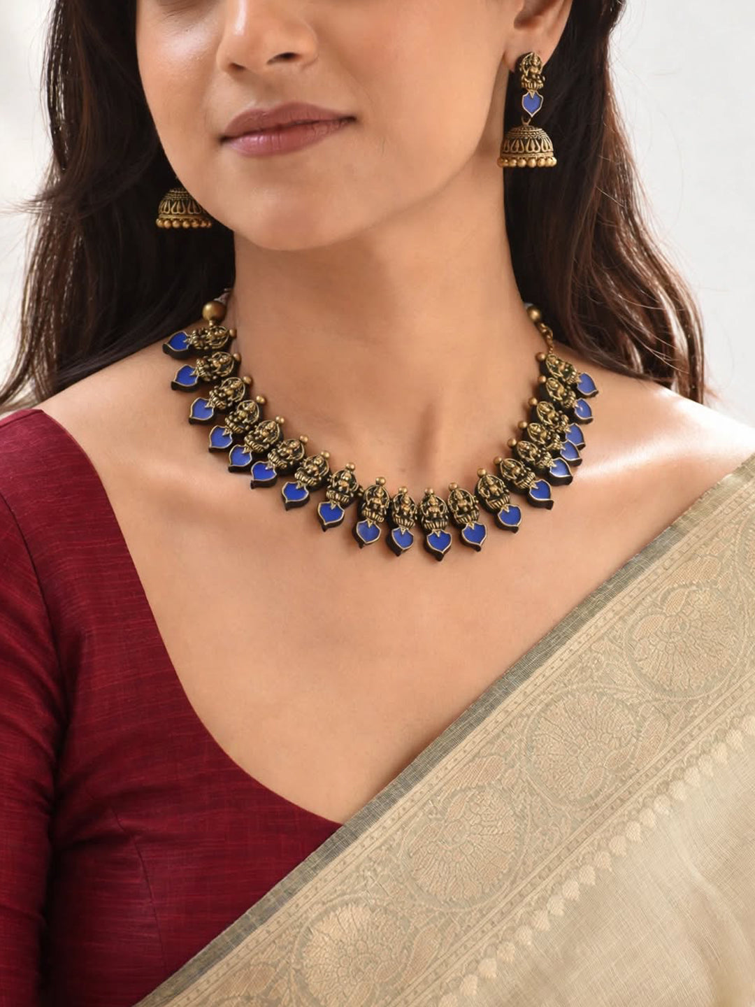 Antique Gold Blue Lakshmi Design Temple Terracotta Necklace Set
