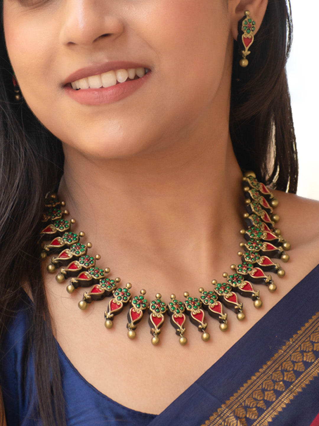 Antique Gold Red Green Floral Leaf Design Handmade Terracotta Necklace Set