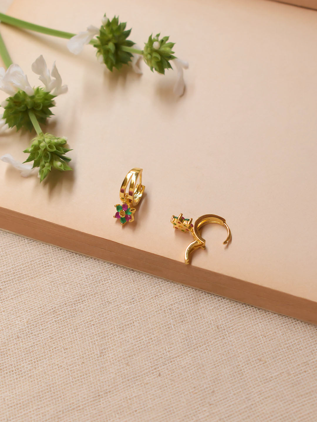 Avismaya Gold Plated Floral Design Pink And Green Color Stones Hoop Earrings