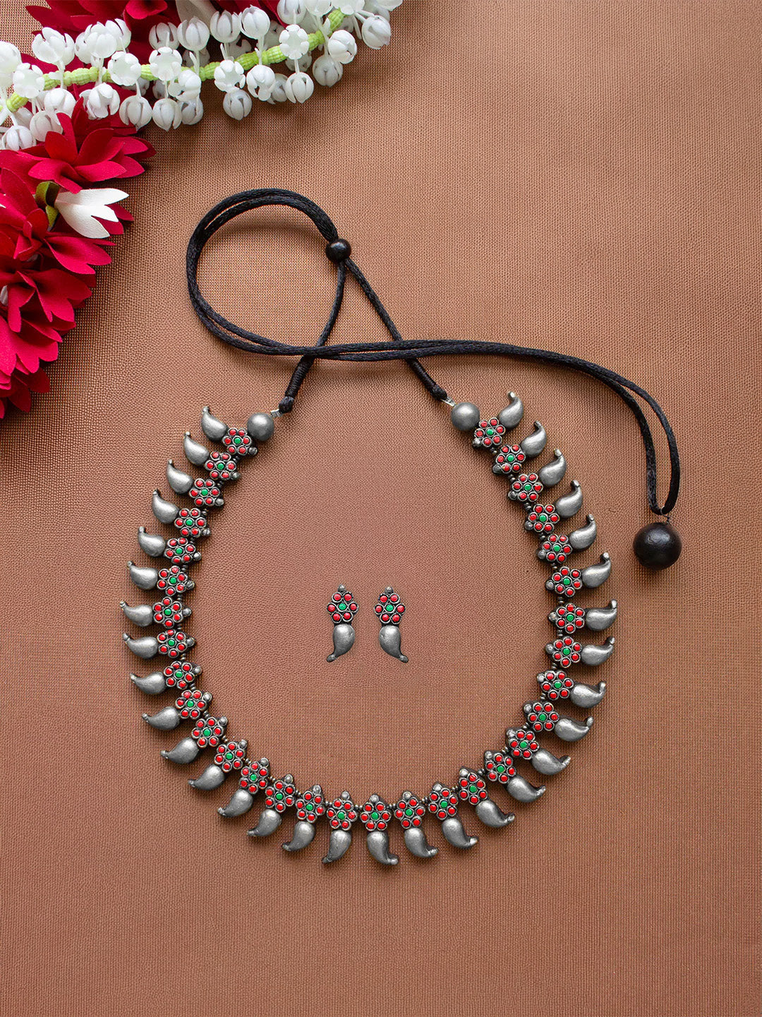 Silver Gold Green Red Flower Mango Design Handmade Terracotta Necklace Set