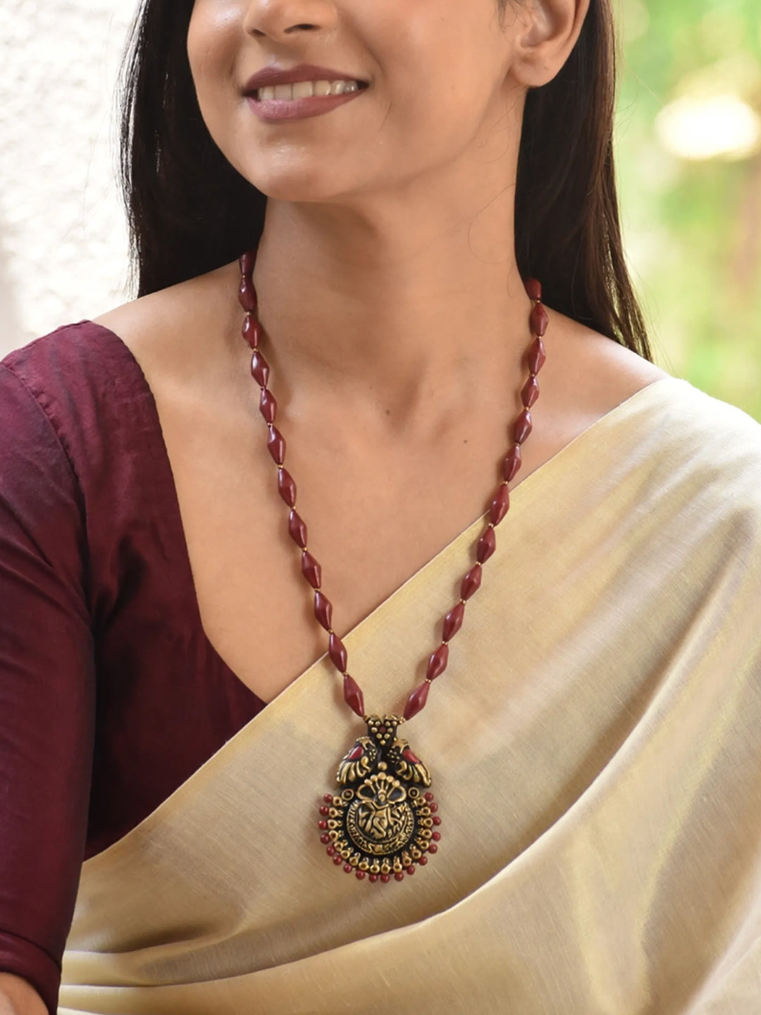 Handmade Terracotta Maroon Beaded Antique Gold Gopal Krishna Pendant Necklace