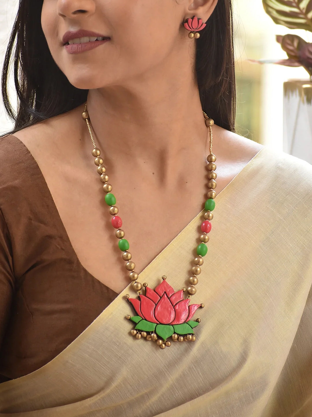 Terracotta Red & Green Lotus Pendant Beaded Necklace With Studs