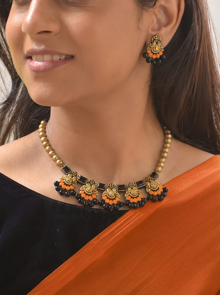 Ansika — Mayura Terracotta Necklace Set with Black and Orange