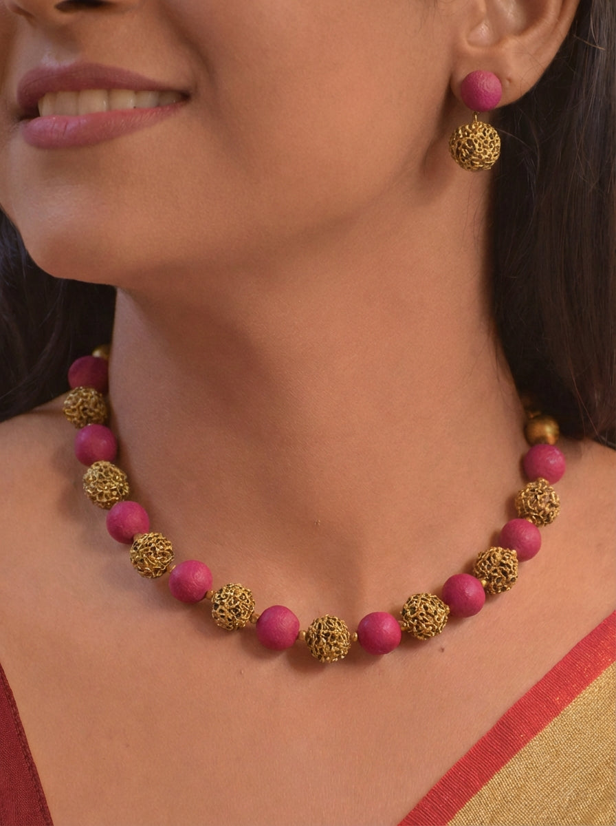 Takurain — Terracotta Lava Beads Raani Pink & Antique Gold Choker Necklace Set With Danglers