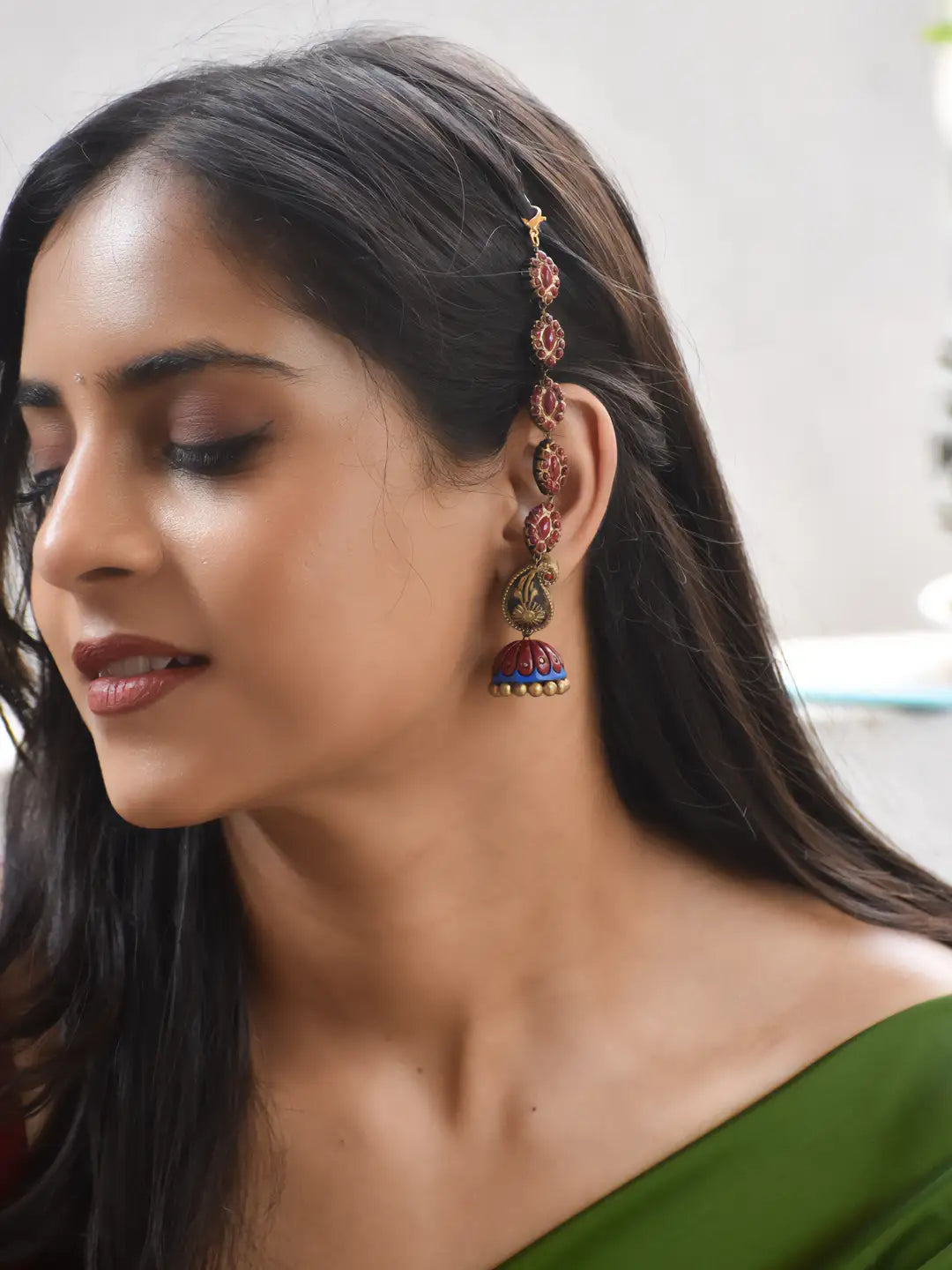 Mayura Ear Chain Terracotta Jhumka Earrings