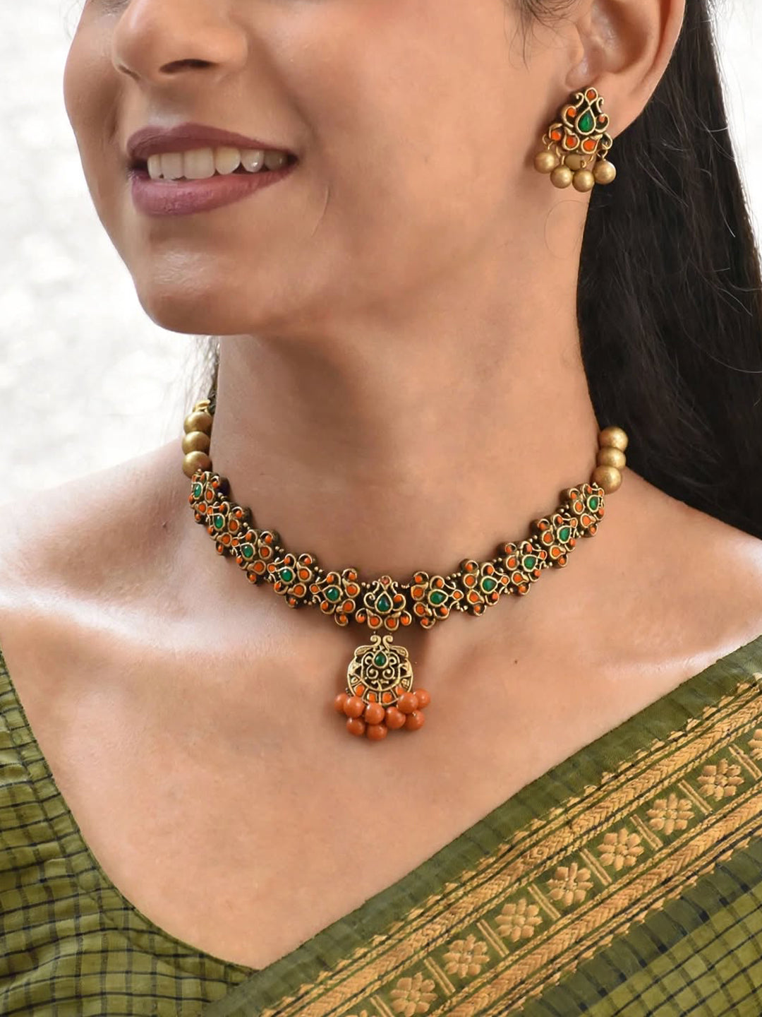Kesari – Handmade Orange & Green Antique Gold Necklace Set